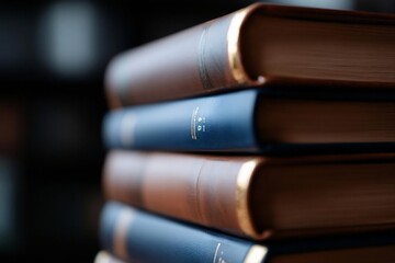 Poster - Close-up shot of stacked leather-bound books showcasing brown and blue covers. Soft lighting emphasizes texture and detail, suggesting knowledge and study