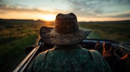Poster - Rear view of a person wearing a hat and green jacket in a vehicle with horses during sunset. The sky is golden with a soft glow