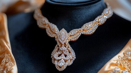 Poster - Close up of an exquisite gold necklace adorned with sparkling gemstones displayed on a black mannequin against a soft golden fabric background