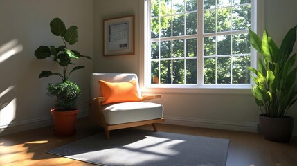 Poster - Bright interior scene with natural light streaming through a window illuminating plants and a comfortable chair with an orange cushion. The room features a rug and framed artwork