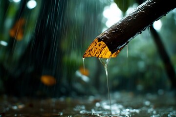 Poster - Close-up shot of water dripping from a wooden surface amidst lush greenery. Focused on the details of water droplets with a blurred background and natural light
