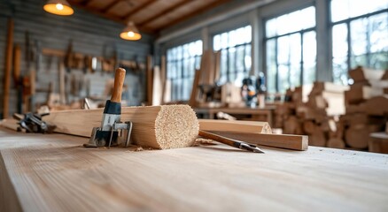 Fototapete - Close-up view of a woodworking workshop featuring wooden planks tools and equipment with a blurred background and warm lighting