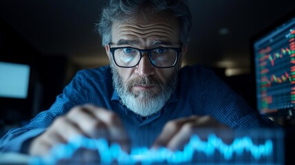 Poster - Mature Man in Eyeglasses Concentrating on Data Visualizations with Blue and Green Tones