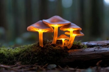 Aufkleber - Luminous orange mushrooms in a dark forest setting against a blurred green background glowing with an ethereal light moss covered log
