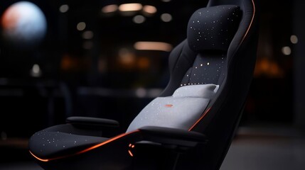 Aufkleber - Close-up of a gaming chair with starlight details and orange accents against a blurred background enhancing the futuristic ambiance