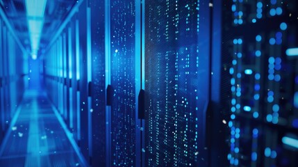 Poster - A visually stunning blue background showcasing modern data center technology with illuminated servers and a high-tech digital environment.