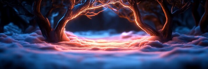 Poster - Abstract digital art with a glowing path between surreal trees. The scene uses a gradient of blues and oranges emphasizing depth. Dreamlike atmosphere and textures add interest