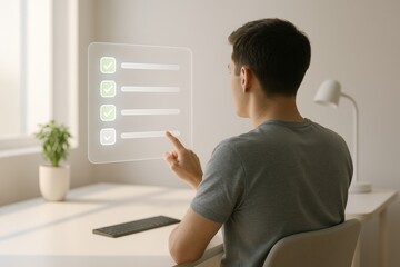 Fototapete - Man Interacting with Interface: A person interacts with a digital interface, highlighting the intersection of technology and user experience, a modern exploration of digital interaction.