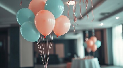 Aufkleber - Close up of a cluster of pastel colored balloons in a brightly lit room with ribbon decorations and tables in the blurred background creating a festive atmosphere