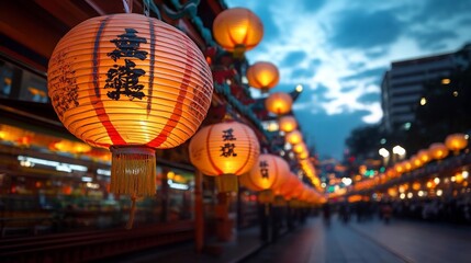 Aufkleber - Illuminated lanterns strung along a street with blurred figures in the background creating a festive atmosphere in dusk