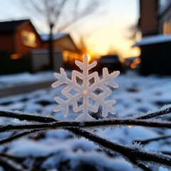 Aufkleber - Close up of a snowflake on a branch with a blurred background of a sunset in a winter scene