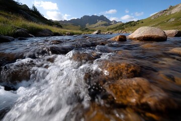 Poster - Close-up view of a clear water stream flowing through a rocky terrain with mountains in the background under a bright sky