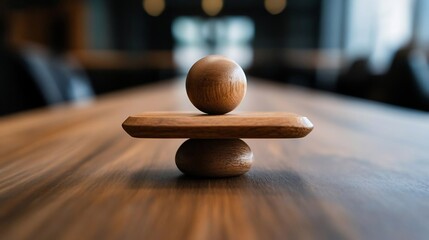 Poster - Close-up shot of a wooden balance sculpture with a spherical element balanced on a rectangular base atop a wooden table in a conference room setting. Soft focus creates a serene atmosphere