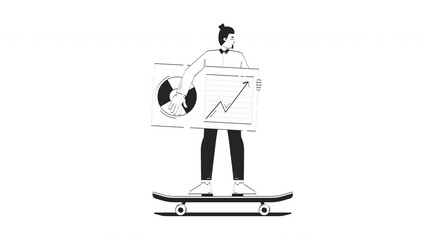 Poster - Businessman riding skateboard with data dashboard doodle outline animation. Agility analytics skateboarder. Business man skater animated sketch 2D concept isolated on white. 4K video motion graphic