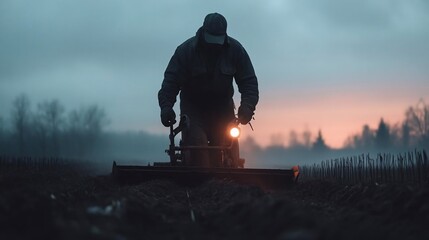 Poster - Silhouette of worker operating agricultural machinery at dawn or dusk with atmospheric lighting and color