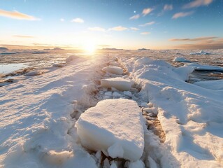 Poster - A vast icy landscape with a radiant sunrise over the horizon creating a serene arctic ambiance. The foreground features a path of snow leading towards the sunlit background. The sky is filled with
