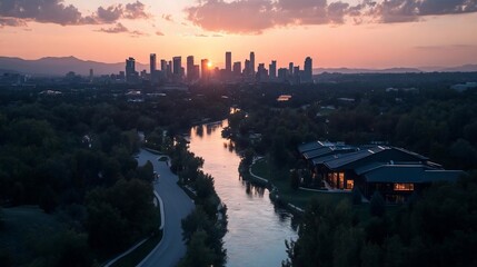 Aufkleber - Aerial sunset cityscape with river and lush trees showcasing buildings silhouette and warm light against the horizon
