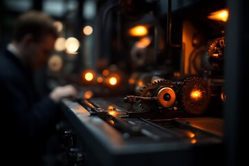 Aufkleber - Intricate machinery gears and mechanisms in an industrial setting with a blurred worker and warm lighting