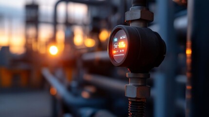 Aufkleber - Close-up of industrial gauge displaying readings illuminated by warm sunset light against a blurred background of machinery and pipes emphasizing technology and industry