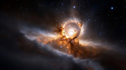 Aufkleber - Cosmic cloud formation featuring a bright center radiating light and swirling nebulas in shades of gold and blue a celestial spectacle