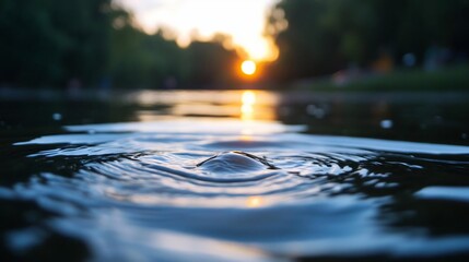 Leinwandbilder - Close up of water surface with ripples and bubble foreground with sunset reflecting in background a natural landscape with bokeh effect