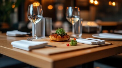 Poster - Close up view of a gourmet meal with white wine glasses in a restaurant setting. The food is presented on a wooden board with artistic arrangement
