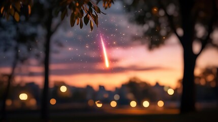 Aufkleber - A vibrant sunset sky backdrop with silhouette trees and a shooting star highlighting an ethereal atmosphere of natural beauty