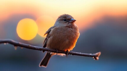 Aufkleber - Close up shot of a small bird with brown feathers perched on a twig against a blurred bokeh background during a golden hour. The bird has water droplets and a striking orange and yellow light