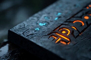 Aufkleber - Close up view of an ancient stone tablet illuminated with glowing orange and blue light carvings in a blurred background. Texture details and wet surface are visible