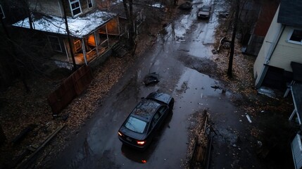 Poster - Aerial view of a residential street with wet pavement and fallen leaves during dusk. Vehicles are parked and driving on the street near houses