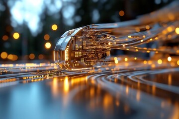 Aufkleber - Abstract digital representation of interconnected data streams illuminated with orange and yellow lights. The image features glowing pathways and a blurred background suggesting a technological or