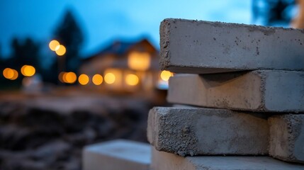 Poster - Close-up of concrete bricks stacked against a blurred backdrop featuring a structure under construction and bokeh lights. The cool color palette creates a moody and building environment