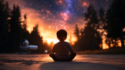Poster - A young person sits facing away in silhouette gazing at a celestial night sky with a vibrant gradient of orange and purple hues above the silhouette of trees