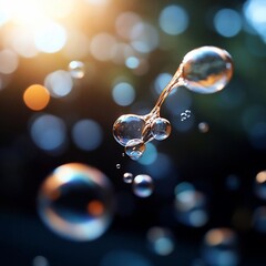Poster - Close-up shot of transparent soap bubbles floating against a blurred background with sunlight creating bokeh effects. The bubbles have spherical shapes and reflect light