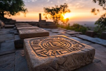 Poster - Stone carvings at sunset featuring a detailed view of ancient artwork during golden hour with a bright sun behind the trees