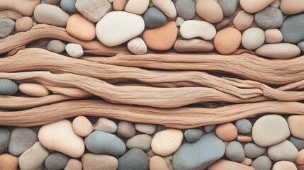 Poster - Smooth pebbles in various colors are arranged with twisted driftwood, forming a harmonious natural composition that evokes calmness reminiscent of tropical environments