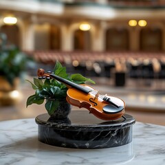 Poster - A miniature violin rests on a marble pedestal next to a small plant with a blurred concert hall backdrop. Soft lighting enhances the textures and tones