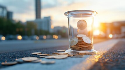 Poster - Close-up shot of a glass container filled with golden coins on a road with a blurred city background under sunset lighting