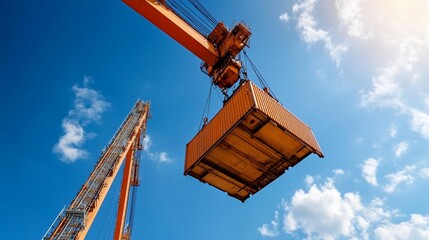 Poster - Construction crane lifting a cargo container against a vivid blue sky with white clouds. The composition emphasizes industrial activity and logistics