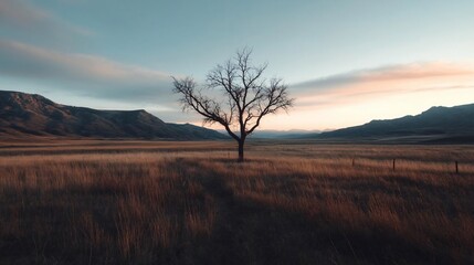 Poster - A solitary tree stands in a vast, golden field under a dusky blue and orange sky. Rolling hills form the background, with soft clouds and a serene atmosphere