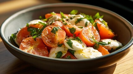 Poster - A vibrant salad of halved red tomatoes mozzarella cheese and fresh green herbs in a grey bowl illuminated by natural sunlight creating a delicious composition
