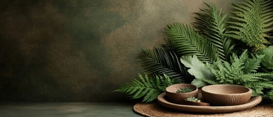 Poster - Lush ferns are arranged artfully alongside handcrafted wooden bowls, set against a muted, earthy backdrop that enhances the organic feel of the display