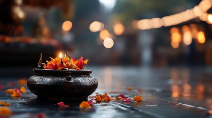 Poster - Close-up shot of a bronze pot filled with orange and red flowers and a lit candle on a wet, reflective surface. Bokeh lights in the background create a warm atmosphere