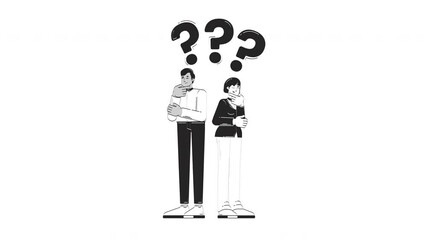 Poster - Looking for business solution doodle outline animation. Corporate dilemma doubts. Thoughtful businesspeople question marks animated sketch 2D concept isolated on white. 4K video motion graphic