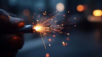 Poster - Close-up of a hand holding a lit firework with sparks and smoke against a blurred background. Intense orange and blue color contrast creates a dynamic and energetic visual