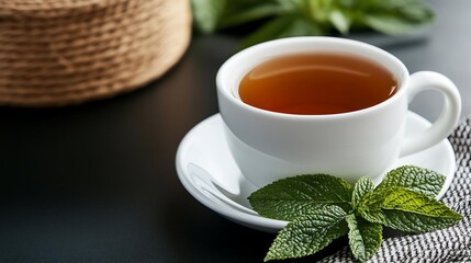Poster - Close-up of a white teacup filled with tea on a saucer alongside fresh mint leaves a wicker basket in soft focus on a dark surface creating a relaxing ambiance