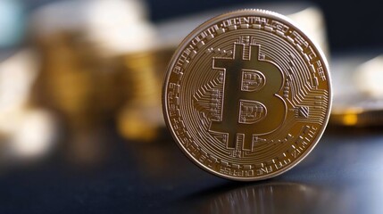 Fototapete - Close-up of a gold coin on a dark surface with blurred gold coins in the background. The lighting highlights the coin's details