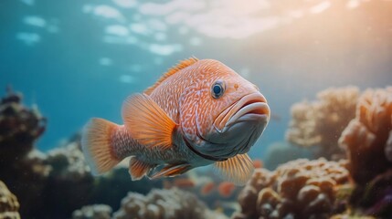 Poster - An orange fish swims in clear blue water near coral reefs illuminated by sunlight underwater scene