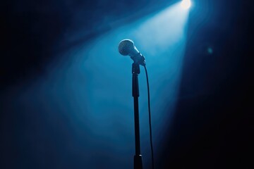 Wall Mural - A single microphone on a stand illuminated by a spotlight, ready for a performance or speech.