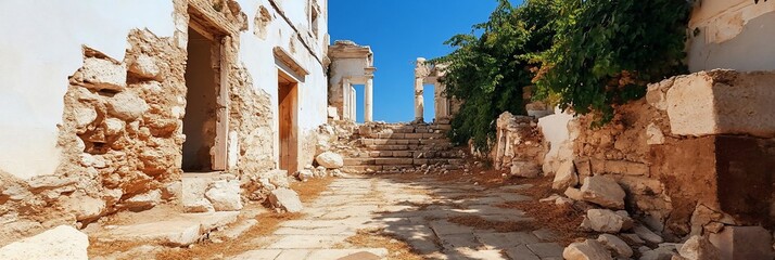 Poster - Panoramic view of a sunlit ancient stone structure with weathered facades and crumbling architecture under clear blue skies and lush green foliage. The composition creates a sense of time travel